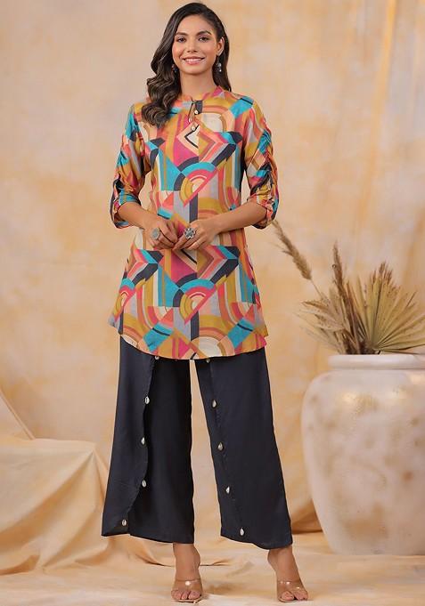 Navy Blue Printed Poly Blend Co Ord Set