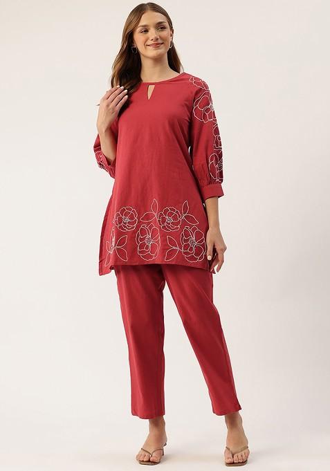 Red Printed Cotton Co Ord Set