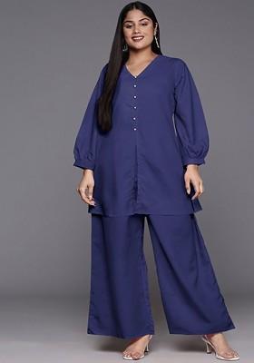 Navy Blue Printed Poly Blend Co Ord Set