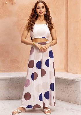 Off White Printed Poly Blend Co Ord Set