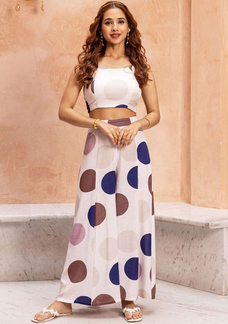 Off White Printed Poly Blend Co Ord Set - Indya