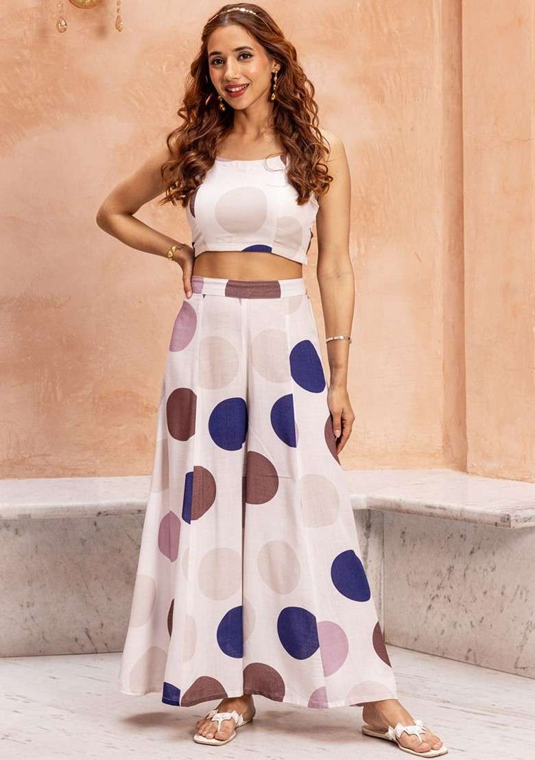 Off White Printed Poly Blend Co Ord Set - Indya