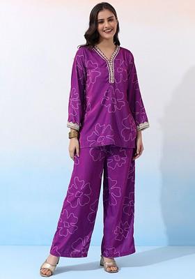 Purple Printed Poly Blend Co Ord Set