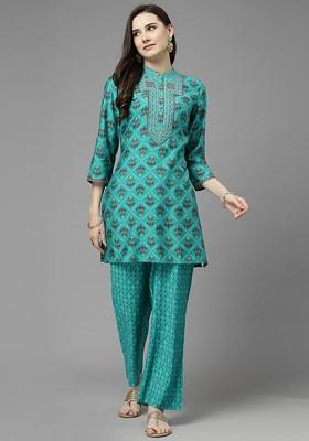 Sea Green Printed Poly Blend Co Ord Set