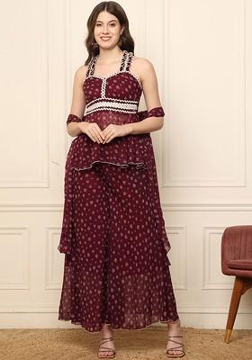 Maroon Printed Poly Blend Co Ord Set