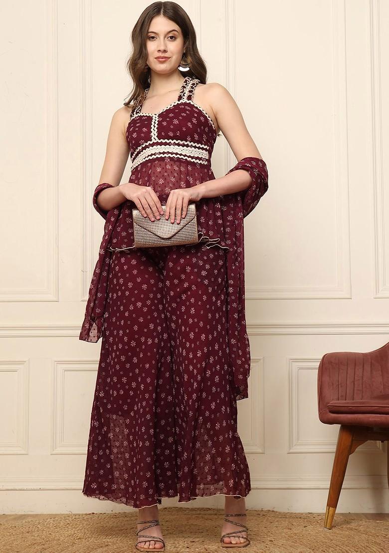 Maroon Printed Poly Blend Co Ord Set - Indya