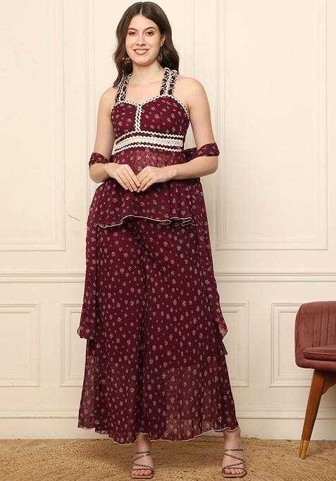 Maroon Printed Poly Blend Co Ord Set