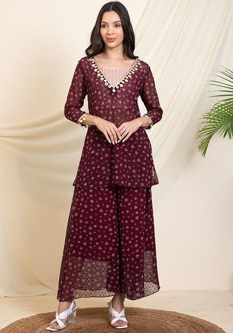 Maroon Printed Poly Blend Co Ord Set