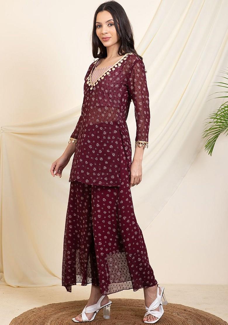 Maroon Printed Poly Blend Co Ord Set - Indya
