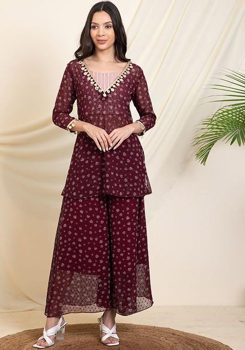 Maroon Printed Poly Blend Co Ord Set