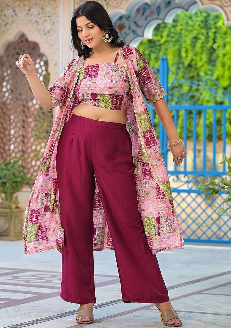 Maroon Printed Poly Blend Co Ord Set - Indya