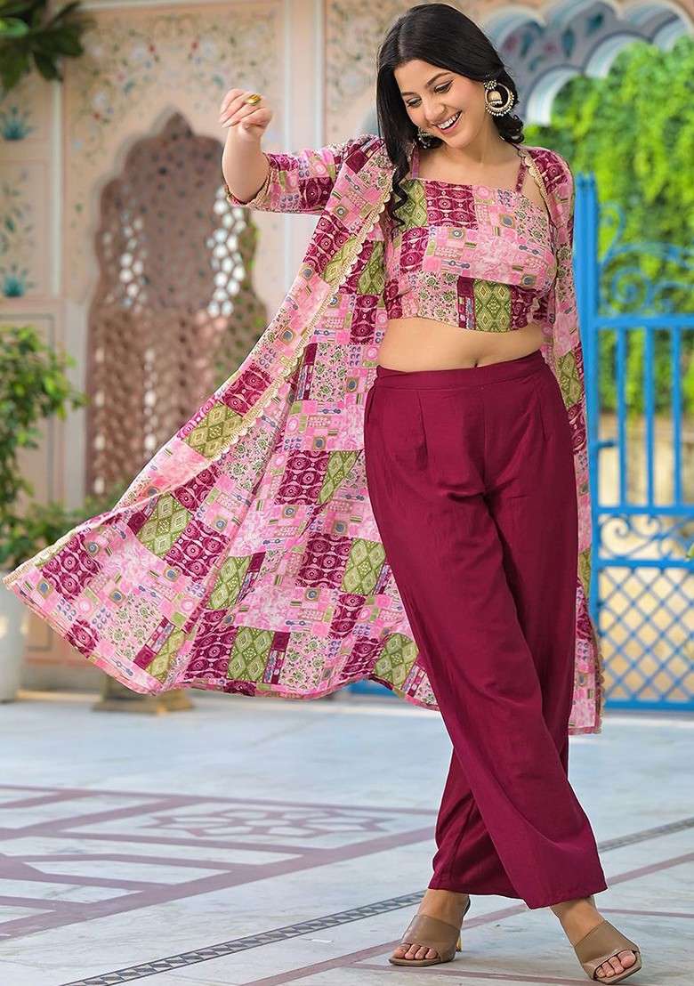 Maroon Printed Poly Blend Co Ord Set - Indya
