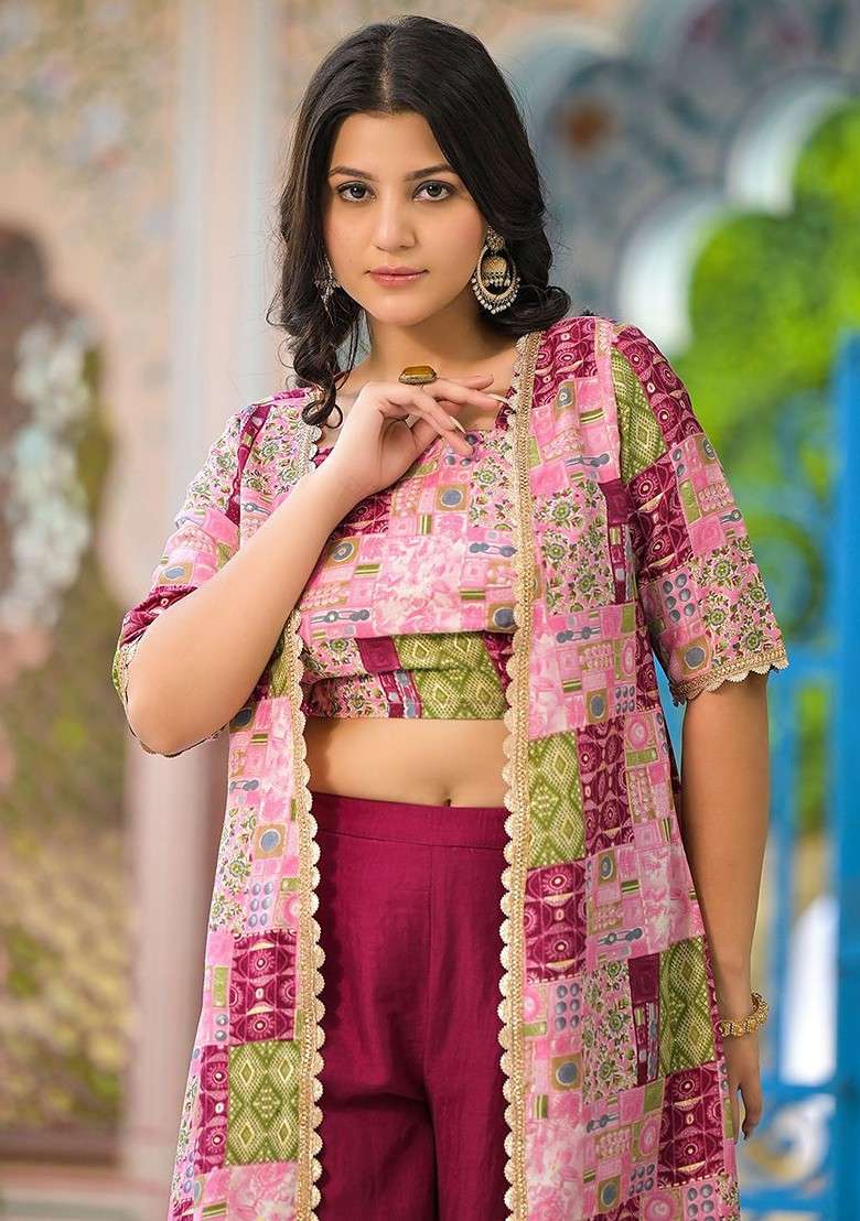 Maroon Printed Poly Blend Co Ord Set - Indya