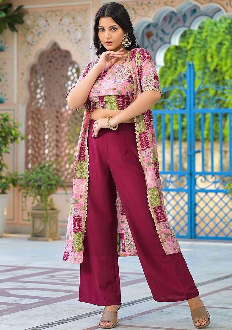 Maroon Printed Poly Blend Co Ord Set - Indya