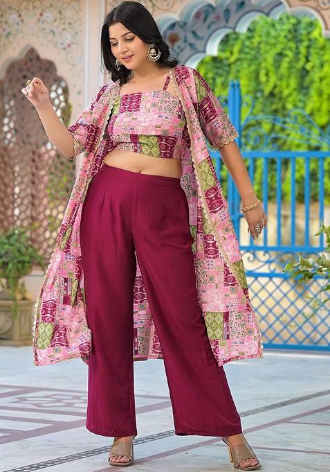 Maroon Printed Poly Blend Co Ord Set