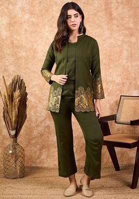 Olive Printed Poly Blend Co Ord Set