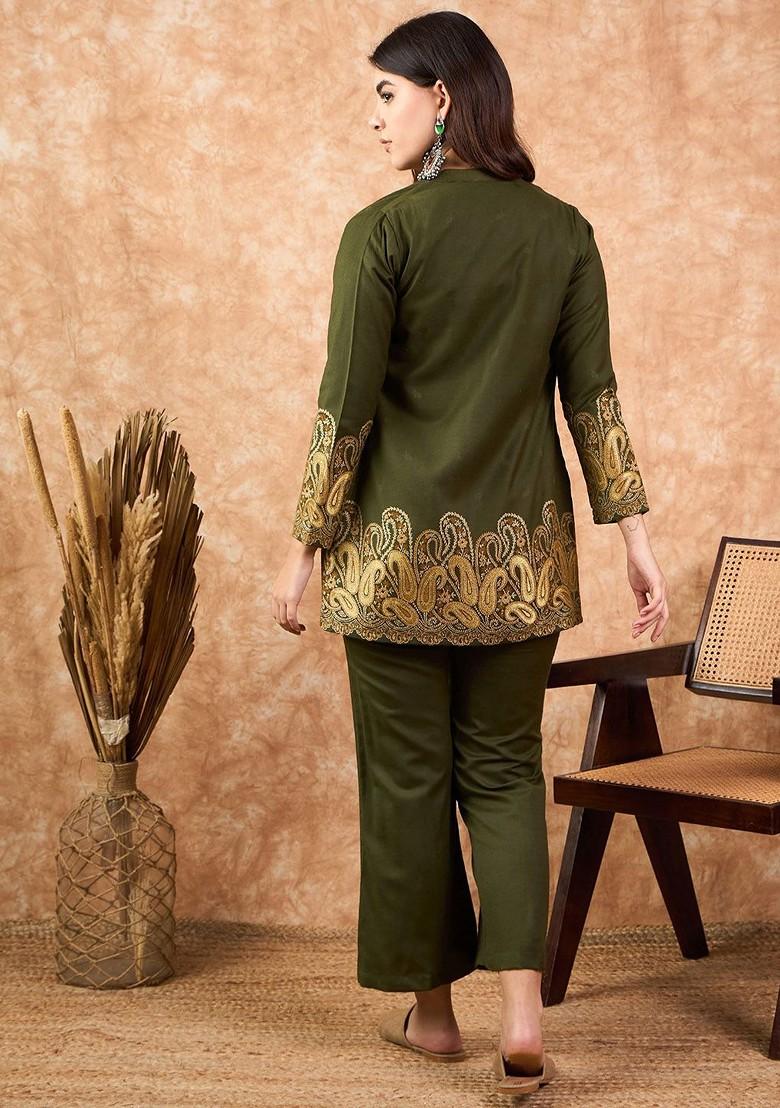 Olive Printed Poly Blend Co Ord Set - Indya