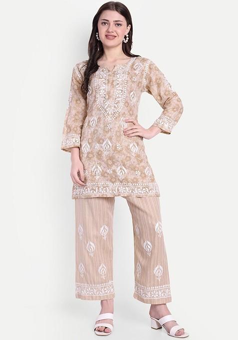 Beige Printed Poly Blend Co Ord Set