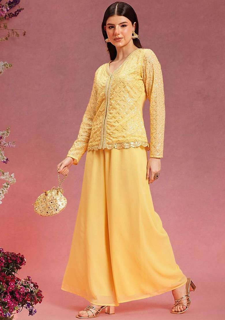 Yellow Printed Poly Blend Co Ord Set - Indya