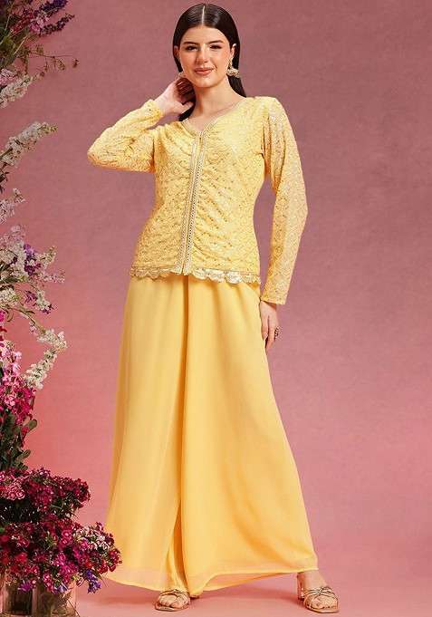 Yellow Printed Poly Blend Co Ord Set