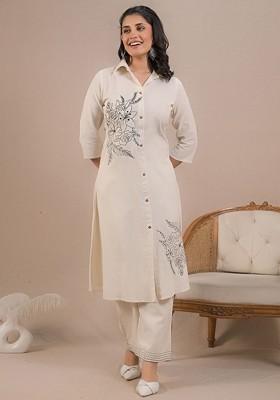 Off White Printed Poly Blend Co Ord Set