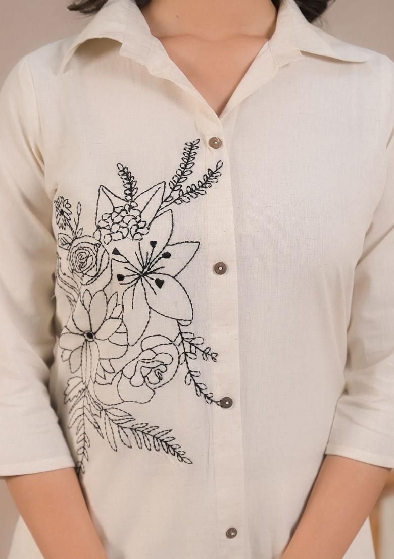 Off White Printed Poly Blend Co Ord Set - Indya