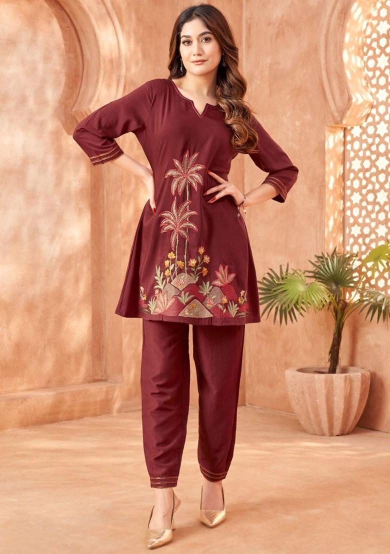 Maroon Printed Poly Blend Co Ord Set - Indya