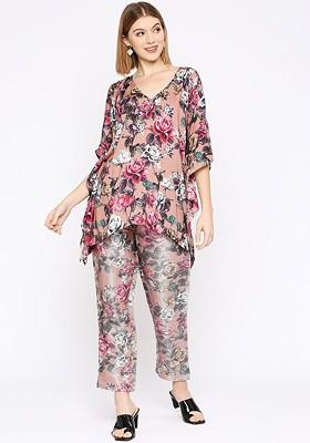 Peach Printed Poly Blend Co Ord Set