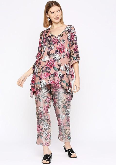 Peach Printed Poly Blend Co Ord Set