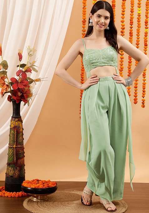 Green Printed Poly Blend Co Ord Set