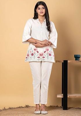 Off White Printed Poly Blend Co Ord Set