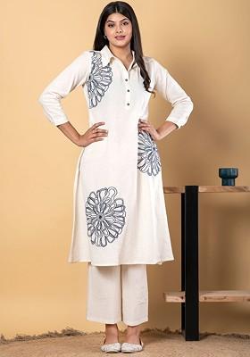 Off White Printed Poly Blend Co Ord Set