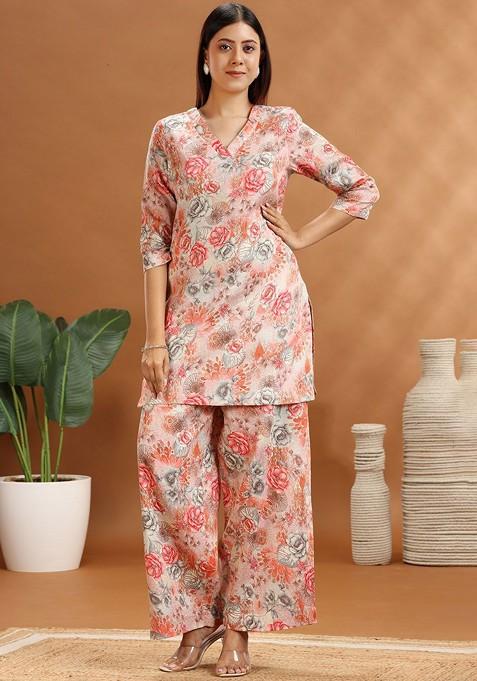 Peach Printed Cotton Co Ord Set