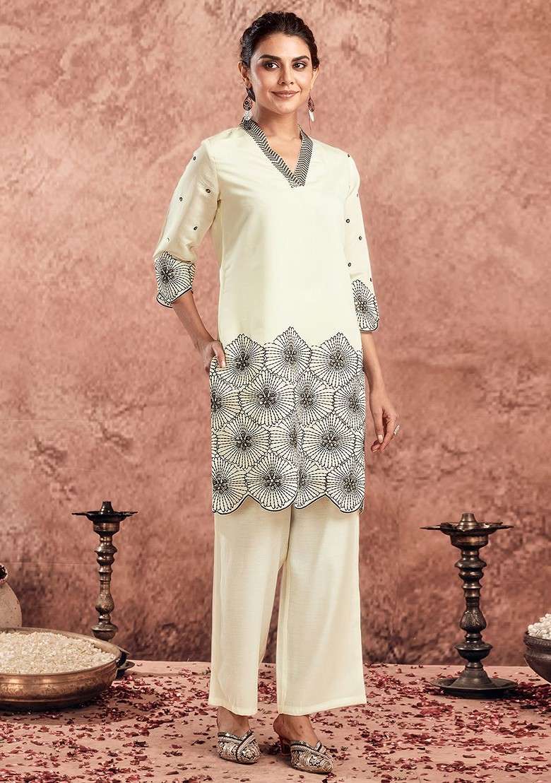 Cream Printed Poly Blend Co Ord Set - Indya