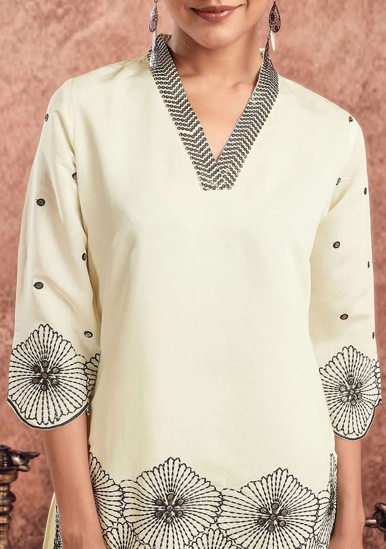 Cream Printed Poly Blend Co Ord Set - Indya