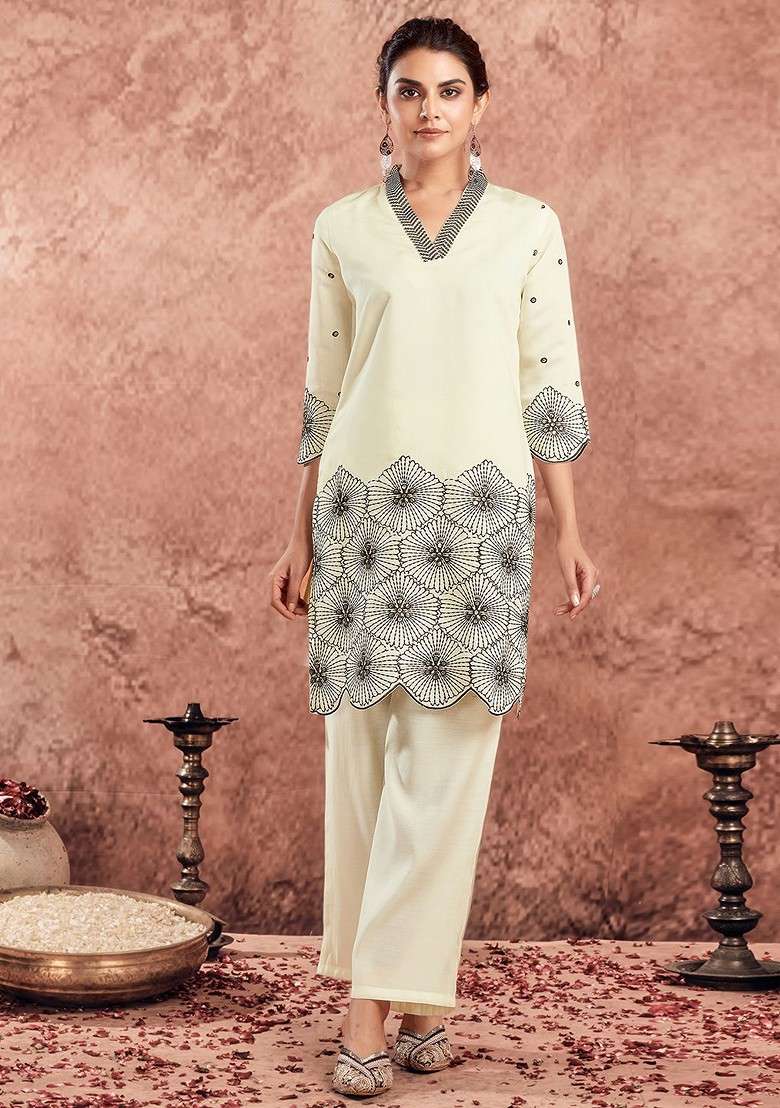 Cream Printed Poly Blend Co Ord Set - Indya
