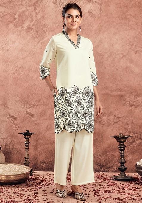 Cream Printed Poly Blend Co Ord Set
