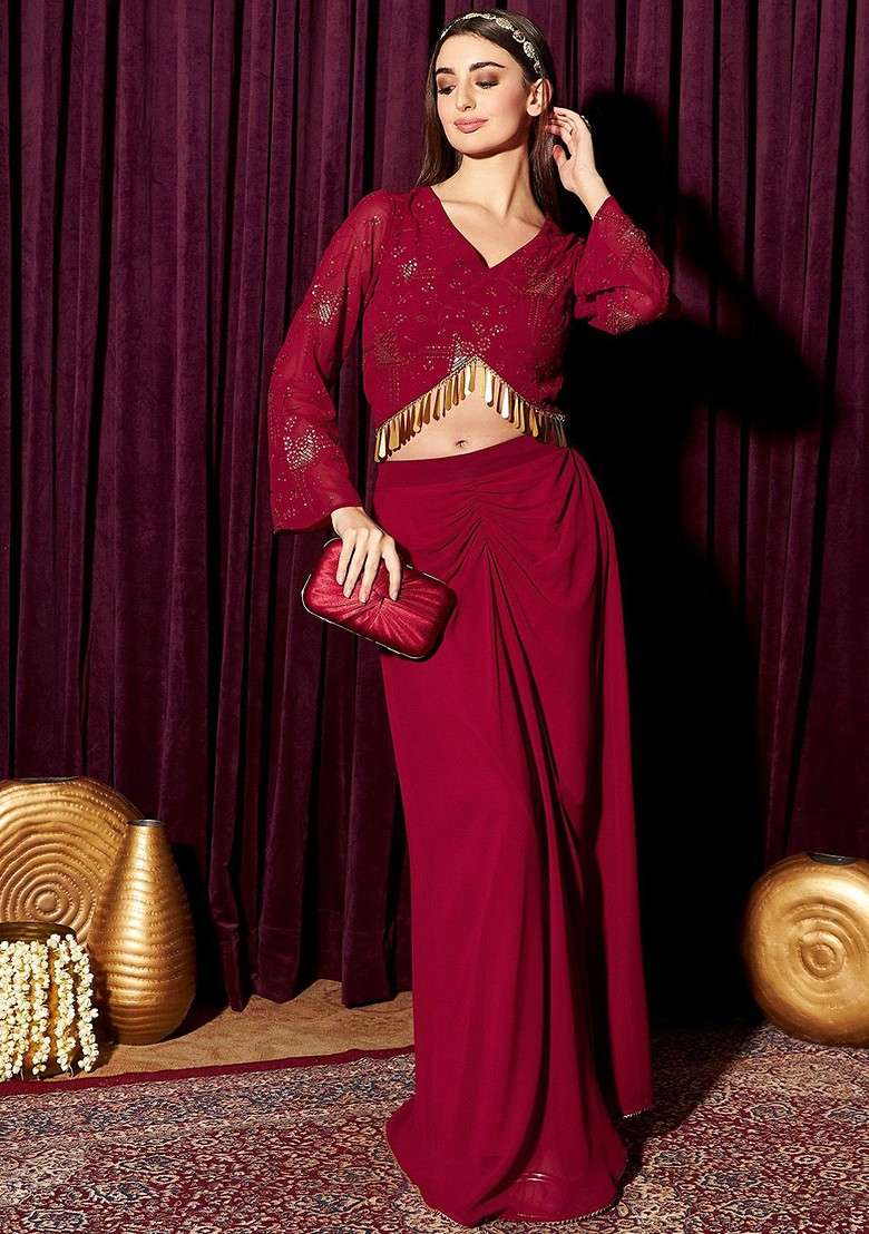 Maroon Printed Poly Blend Co Ord Set - Indya