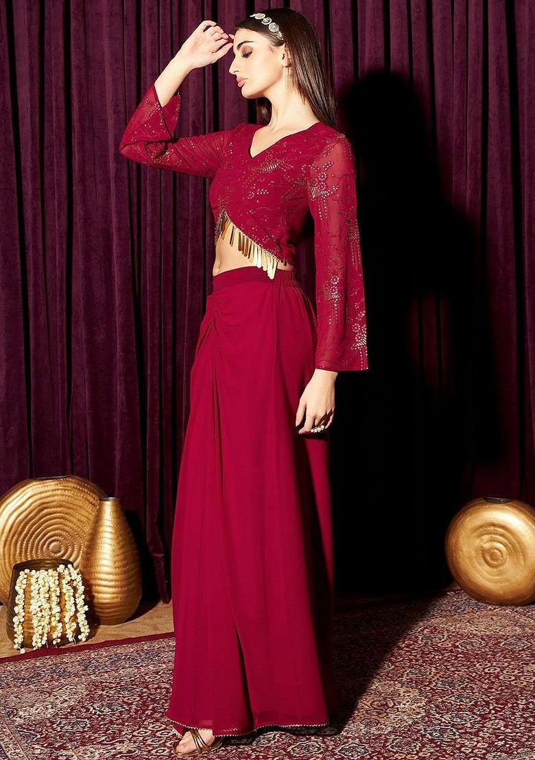Maroon Printed Poly Blend Co Ord Set - Indya