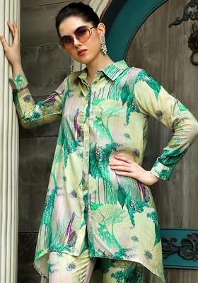 Green Printed Poly Blend Co Ord Set