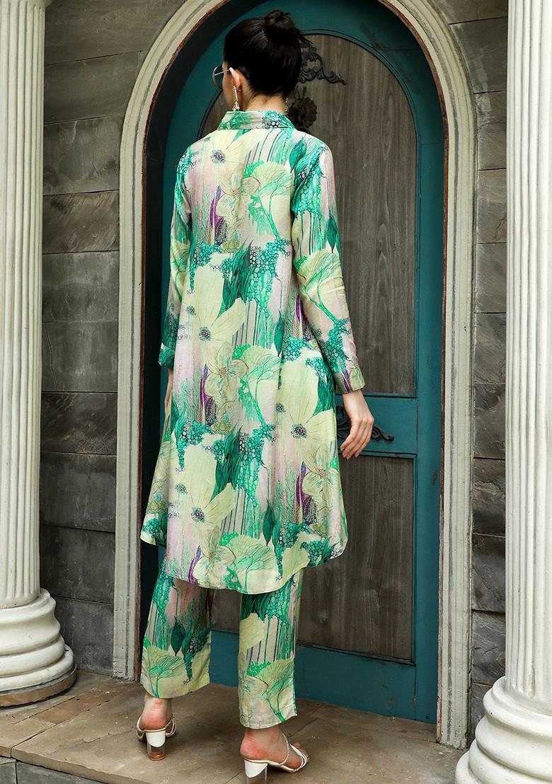 Green Printed Poly Blend Co Ord Set - Indya