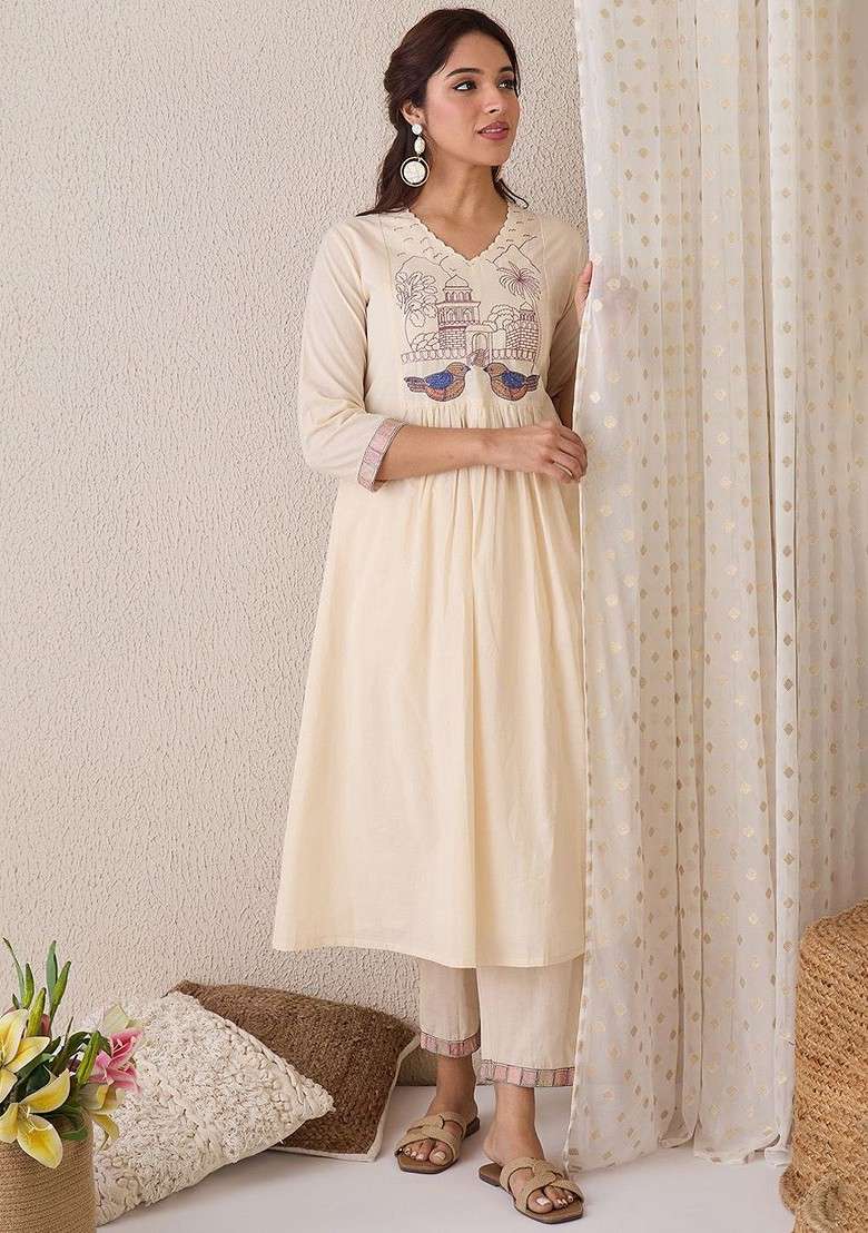 Off White Printed Poly Blend Co Ord Set - Indya