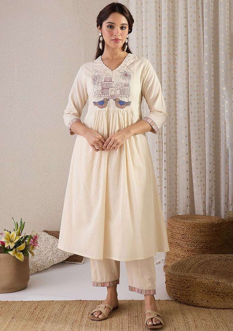 Off White Printed Poly Blend Co Ord Set - Indya