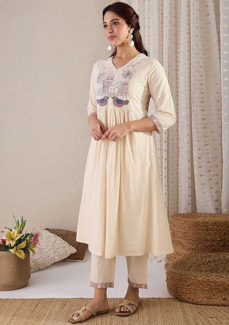 Off White Printed Poly Blend Co Ord Set - Indya