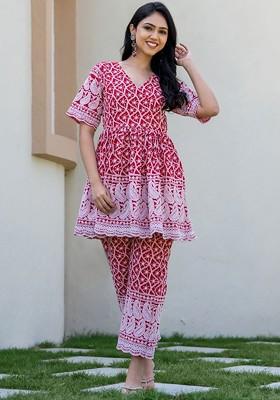Red Printed Cotton Co Ord Set