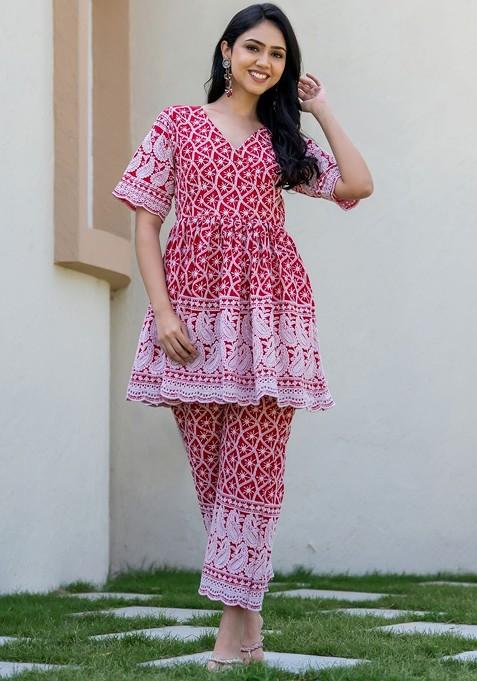 Red Printed Cotton Co Ord Set
