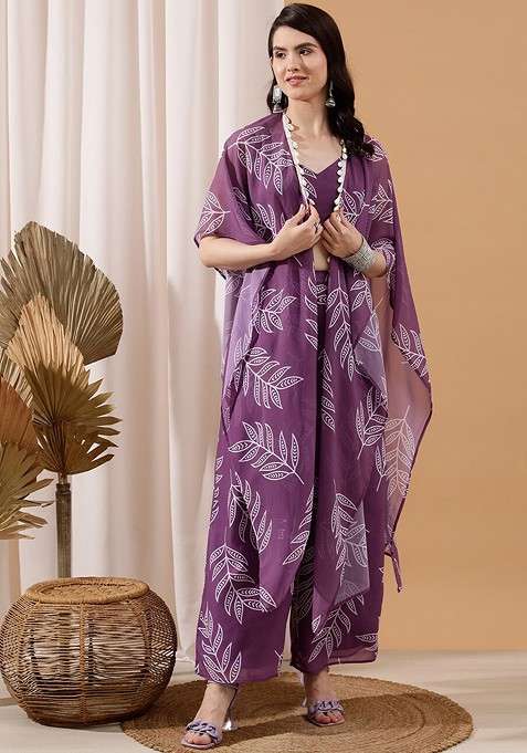 Purple Printed Poly Blend Co Ord Set