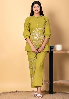 Green Printed Poly Blend Co Ord Set