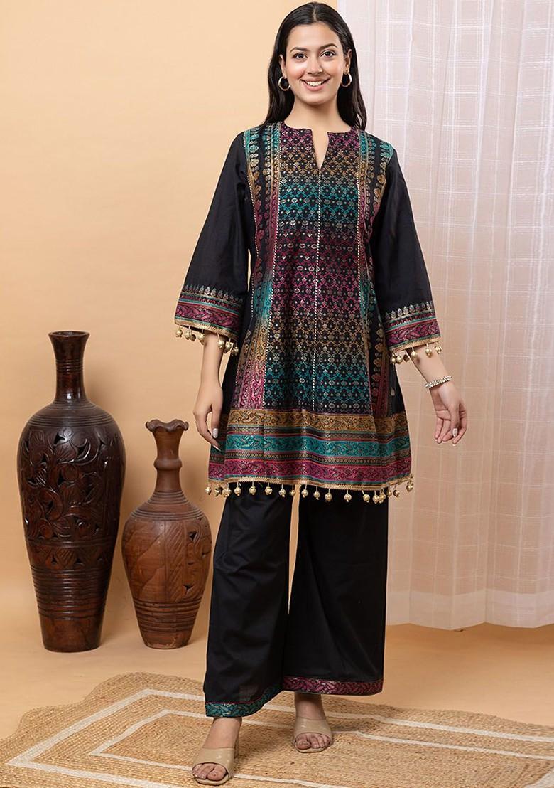 Black Printed Poly Blend Co Ord Set - Indya