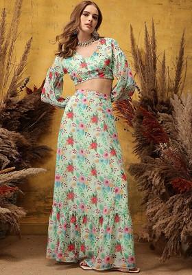 Turquoise Blue Printed Poly Blend Co Ord Set